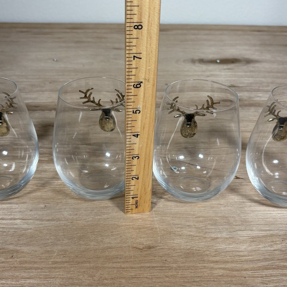 Brass Deer Embellished Stemless Wine Glasses 3D Buck~Set of 4 - Picture 6 of 7